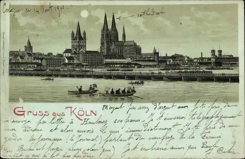 Mondschein Litho Köln am Rhein, Dom, Boote, Schiffe, Brücke