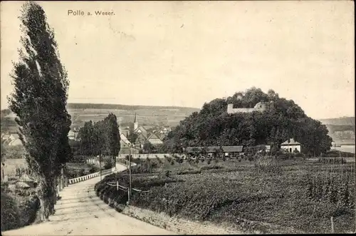 Ak Polle an der Weser, Ortsansicht vom Ortseingang gesehen, Berg