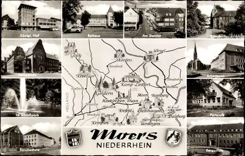 Ak Moers am Niederrhein, Rathaus, Schloss, Bergschule, Parkcafé, Arbeitsamt, Amtsgericht