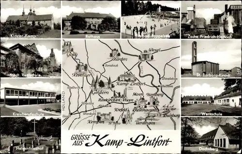Ak Kamp Lintfort am Niederrhein, Kloster Kamp, Zeche Friedrich Heinrich, Freibad, Dachsberg