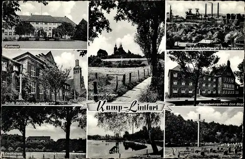 Ak Kamp Lintfort am Niederrhein, Rathaus, Kloster Kamp, Realschule, Kirche, Strandbad, Bergwerk
