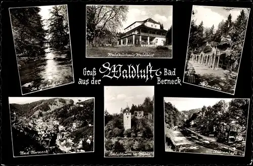 Ak Bad Berneck im Fichtelgebirge Bayern, Waldkurhaus Waldlust, Ort, Schlossturm, Kolonnade