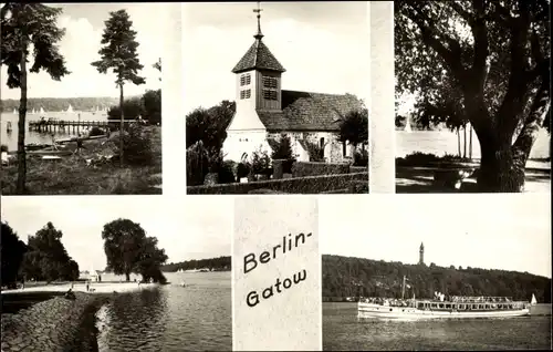 Ak Berlin Spandau Gatow, Partie am See, Steg, Kirche, Baum, Grunewaldturm, Schiff