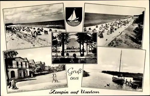 Ak Ostseebad Zempin auf Usedom, Strand, Bootsanleger, Straßenpartie