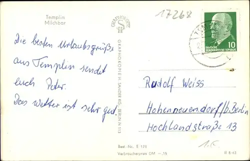 Ak Templin Uckermark, Terrasse der Milchbar