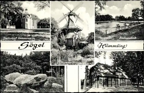 Ak Sögel Emsland, Jagdschloss Clemenswerth, Badeanstalt, Hüvener Mühle, Hünengrab, Heimatmuseum