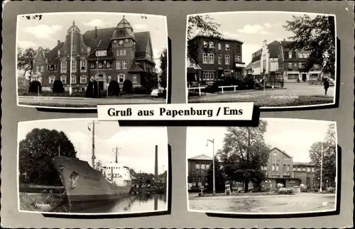 Ak Papenburg Emsland, Rathaus, Kanalbrücke, Hafen, Kirsten Tholstrup Schiff, Bahnhof, Straßenseite