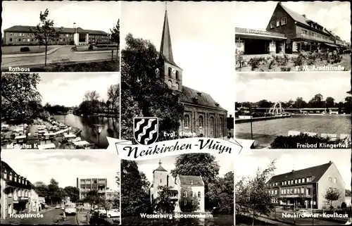 Ak Neukirchen Vluyn am Niederrhein, Rathaus, Freibad, Wasserburg Bloemersheim, Kirche