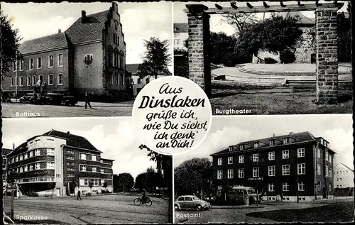 Ak Dinslaken am Niederrhein, Rathaus, Burgtheater, Postamt, Sparkasse