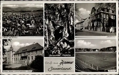 Ak Hemer im Sauerland, Ort, Felsenmeer Kapelle, Amtshaus, Stadion, Haus Hemer