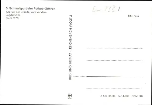 Ak Schmalspurbahn Putbus Göhren, Personenzug am Fuß der Granitz, kurz vor dem Jagdschloss 1971