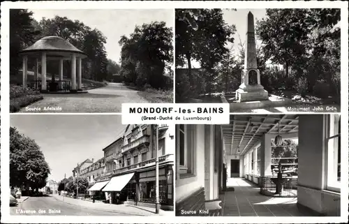 Ak Mondorf les Bains Bad Mondorf Luxemburg, Source Adelaide, Monument John Grün, L'Avenue des Bains
