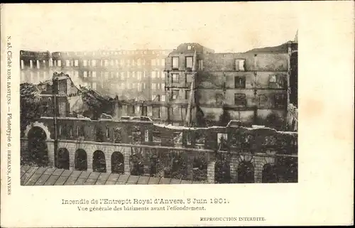 Ak Anvers Antwerpen Flandern, Incendie de l'Entrepot Royal d'Anvers 1901, Ruine