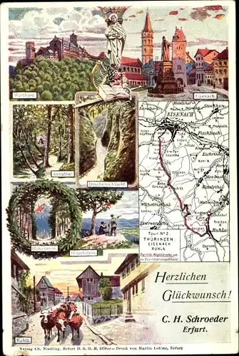 Landkarten Künstler Ak Eisenach, Wartburg, Drachenschlucht, Hirschstein, Hohesonne, Annatal, Ruhla
