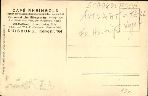 Ak Duisburg, Cafe Rheingold, Restaurant Im Bürgerbräu, Königstraße 164, Schokoladenautomat