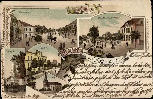 Litho Ketzin an der Havel, Königstraße, Schule, Denkmal, Postamt, evangelische Kirche