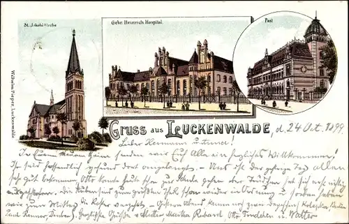 Litho Luckenwalde in Brandenburg, Post, Gebr. Heinrich Hospital, St. Jakobi Kirche