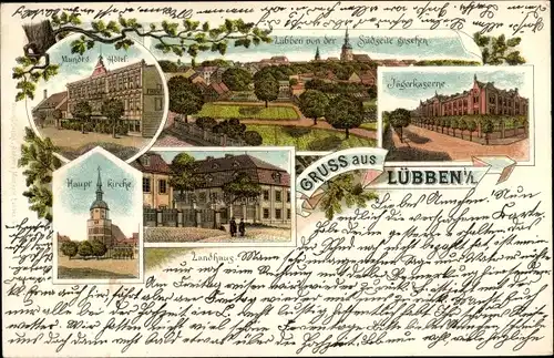 Litho Lübben im Spreewald, Jägerkaserne, Hauptkirche, Landhaus, Mundt's Hotel, Totalansicht