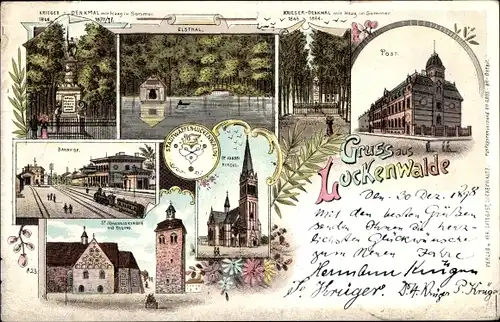 Litho Luckenwalde im Kreis Teltow Fläming, Elstal, Post, Kriegerdenkmal, Bahnhof, St. Johanniskirche