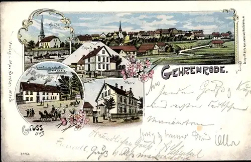 Litho Gehrenrode Bad Gandersheim in Niedersachsen, Pfarre, Schule, Gastwirtschaft Markgrafe, Kirche