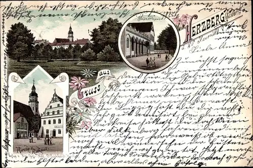 Litho Herzberg an der Elster, Kirche, Rathaus, Schützenhaus