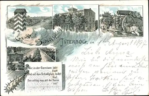 Litho Jüterbog im Kreis Teltow Fläming, Gruß vom Schießplatz, Kanonen, Keule