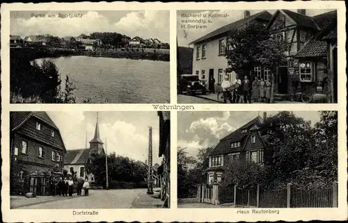 Ak Wehmingen Sehnde Region Hannover, Sportplatz, Bäckerei und Kolonialwaren Bertram, Dorfstraße