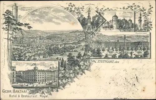 Litho Stuttgart in Baden Württemberg, Hote und Restaurant Royal, Residenzschloss, Totalansicht