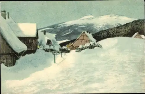 Künstler Ak Iwan, Friedrich, Grenzbauden mit Schneekoppe, Winter, Schnee