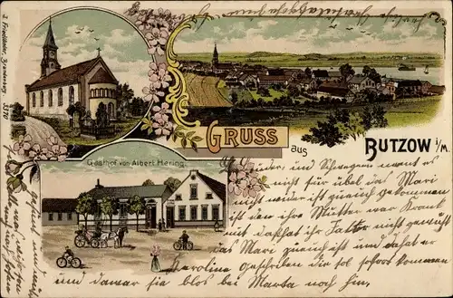 Litho Butzow in Mecklenburg, Kirche, Gasthof, Totalansicht