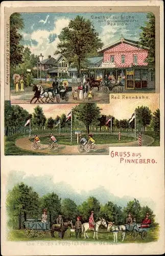 Litho Pinneberg in Schleswig Holstein, Radrennbahn, Eselreiten, Gasthof zur Eiche