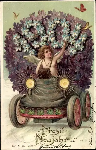 Litho Glückwunsch Neujahr, Jahreszahl 1904, Engel im Automobil, Schmetterlinge, Vergissmeinnicht
