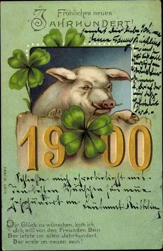 Litho Glückwunsch Neujahr, Jahreszahl 1900, neues Jahrhundert, Schwein, Kleeblätter