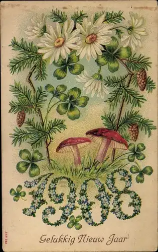 Präge Litho Glückwunsch Neujahr, Jahreszahl 1908, Kleeblätter, Pilze, Blüten