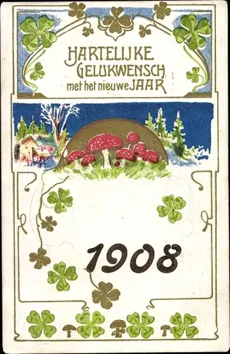 Präge Litho Glückwunsch Neujahr, Jahreszahl 1908, Kleeblätter, Fliegenpilze