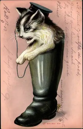 Ak Vermenschlichte Katze mit Monokel in einem Stiefel