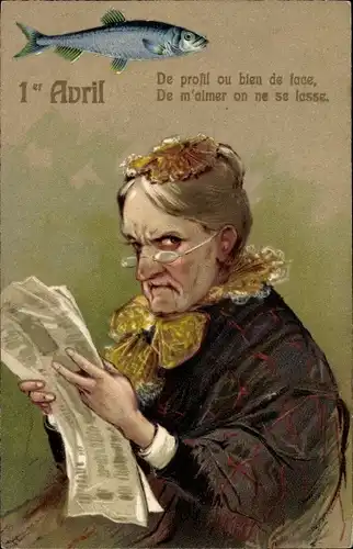 Präge Litho 1. April, 1er Avril, Fisch, alte Frau liest Zeitung