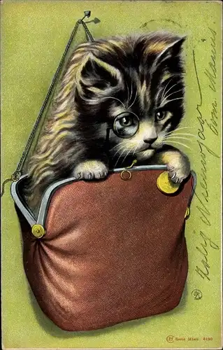 Litho Vermenschlichte Katze, Handtasche, Monokel