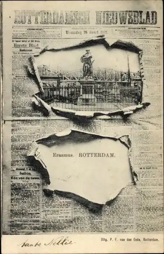 Zeitungs Ak Rotterdam Südholland Niederlande, Rotterdamsch Nieuwsblad, Erasmus Denkmal