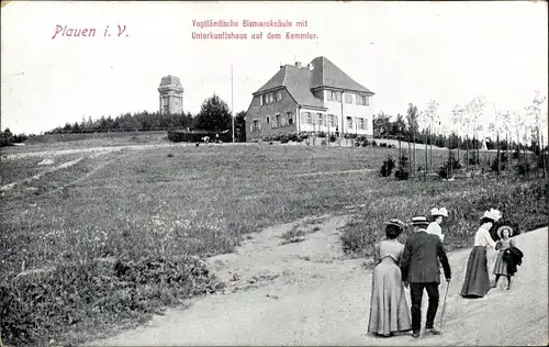 Ak Plauen i. Vogtland, Vogtl. Bismarcksäule, Unterkunftshaus und Kemmler