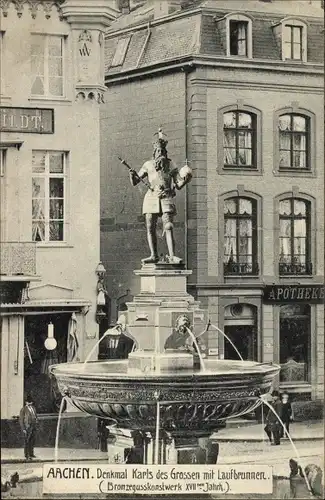 Ak Aachen in Nordrhein Westfalen, Denkmal Karls des Großen mit Laufbrunnen