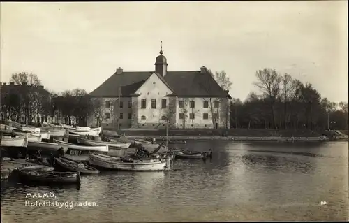 Ak Malmö Schweden, Blick aufs Hofrättsbyggnanden, Boote