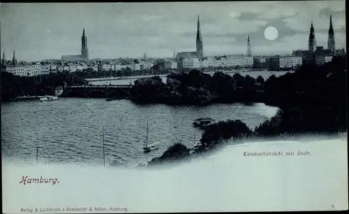 Mondschein Ak Hamburg, Lombardsbrücke mit Stadt