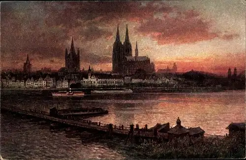 Künstler Ak Köln am Rhein, Teilansicht vom Ort, Abendrot, Brücke, Dom, Flussdampfer