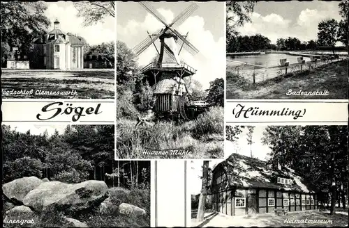 Ak Sögel Emsland, Jagdschloss Clemenswerth, Badeanstalt, Hüvener Mühle, Hünengrab, Heimatmuseum