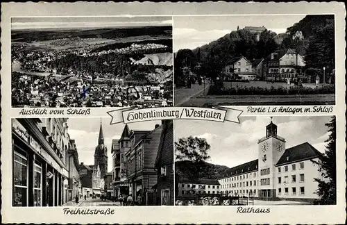 Ak Hohenlimburg Hagen in Westfalen Ruhrgebiet, Freiheitstraße, Rathaus, Totalansicht, Schloss