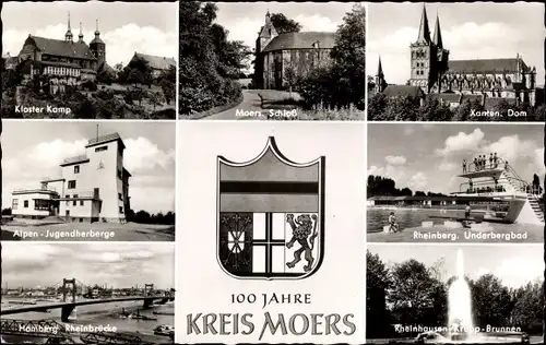 Ak Moers am Niederrhein, 100 Jahre Kreis Moers, Kloster Kamp, Schloß, Xanten. Dom, Wappen