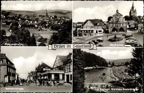 Ak Brilon im Sauerland, Gesamtansicht, Markt, Freibad Waldsee Gudenhagen, Bahnhofstraße