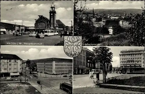 Ak Hagen in Westfalen, Hauptbahnhof, Tram, Teilansicht, Sparkasse, Elberfeld Straße, Wappen