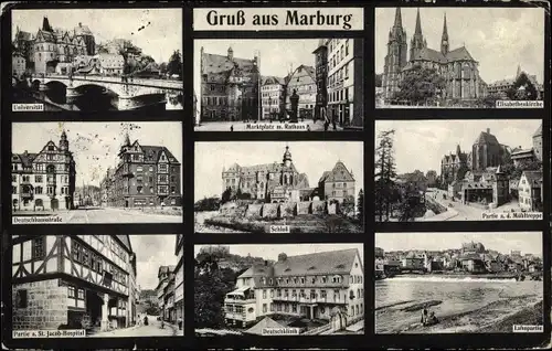 Ak Marburg an der Lahn, Universität, Deutschhausstraße, Deutschklinik, Schloss, Kirche, Rathaus